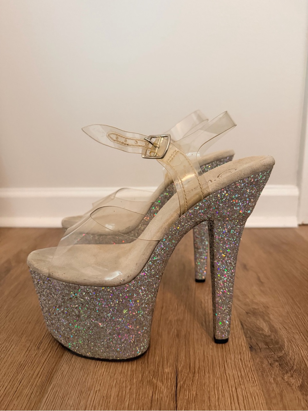 Pleaser Clear Strap Glitter Platform Sandals - Silver